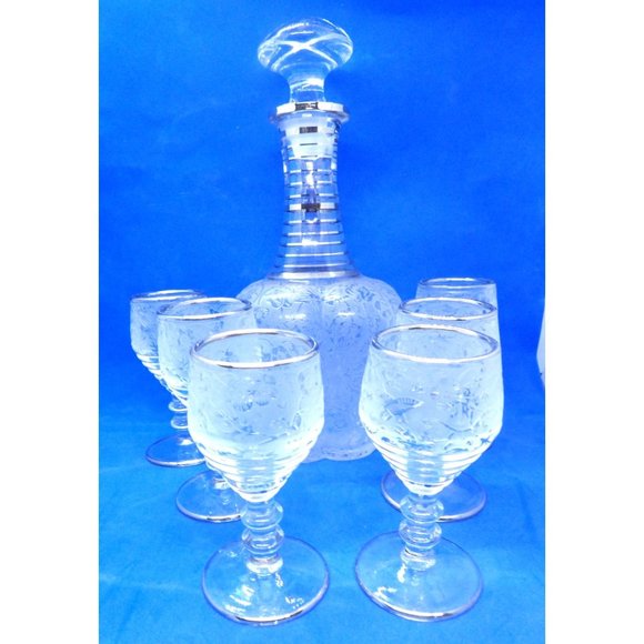 Unbranded Other - Bar Ware Etched Glass Platinum Rimmed Liquor Decanter and Glasses